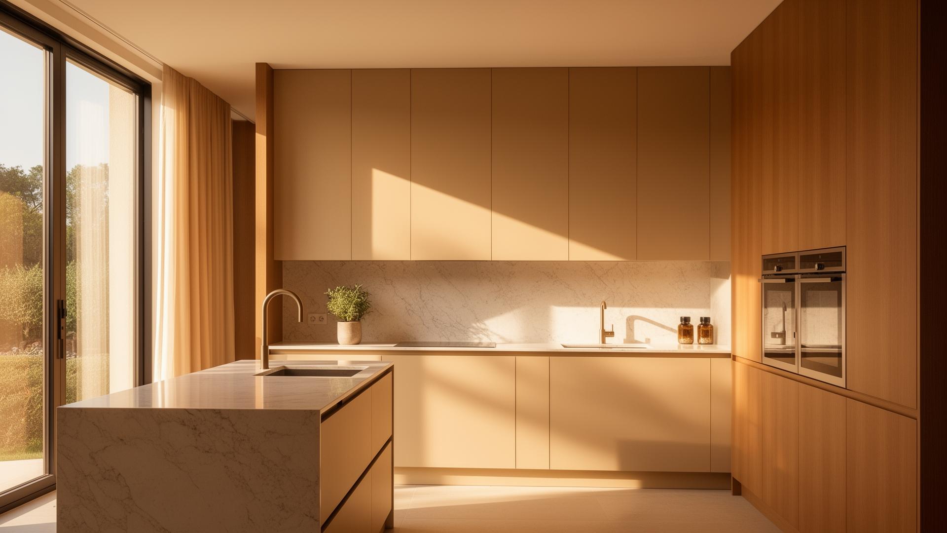 Warm minimalist kitchen with marble island and oak cabinetry